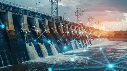 Fotobehang Hydroelectric power station, river, water, renewable energy resource, electric industrial technology, factory, natural, environment, landscape © Jan