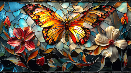 Stained glass background with spring flowers