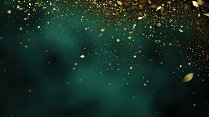 Festive golden confetti on a dark green background, suitable for celebration themes, party...