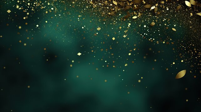 Festive golden confetti on a dark green background, suitable for celebration themes, party decorations, or as a vibrant background for design projects.