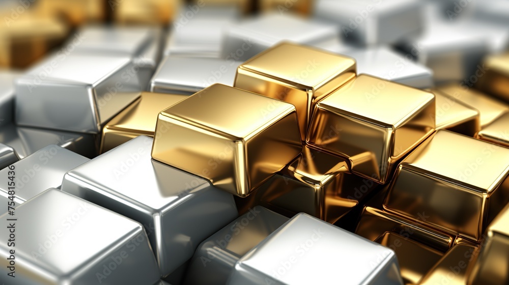 Poster an abstract representation of silver and gold cubes, providing a structured yet luxurious backdrop f