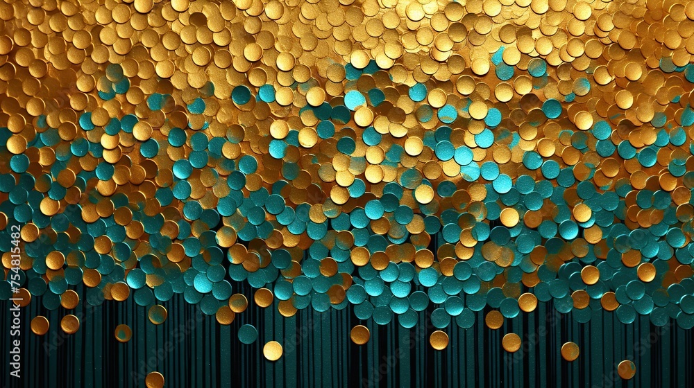 Poster this image portrays an array of golden discs scattered over teal stripes, creating a playful yet lux