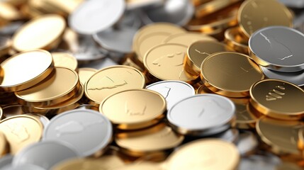 An assortment of scattered golden coins suggesting themes of wealth and finance, ideal for...