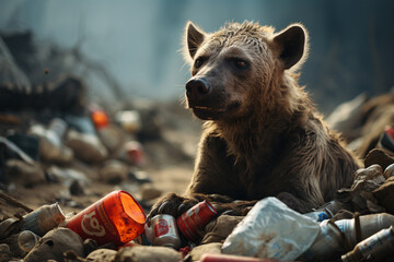 In the rubbish dump there are Spotted Hyena biting - obrazy, fototapety, plakaty