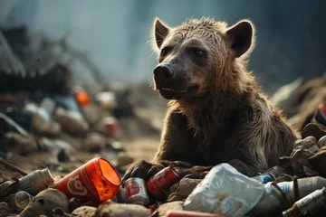 Papier Peint photo Hyène In the rubbish dump there are Spotted Hyena biting