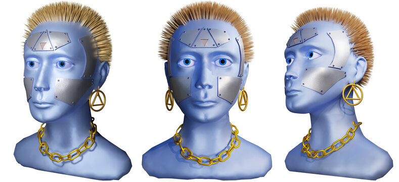 Set of Robot android head, isolated on transparent background. Three-dimensional render
