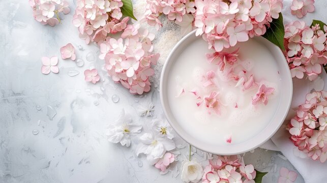A bowl filled with milk and various bright flowers and petals. Concept of spa salon, hands care, top view

