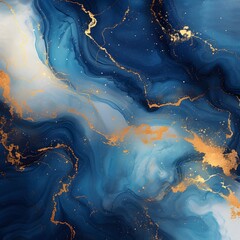 Abstract paint background by deep blue and gold color with liquid fluid texture in luxury concept.
