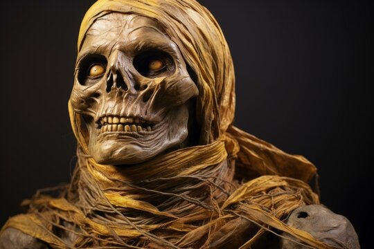 Mysterious Ancient mummy skeleton. Zombie costume. Generate Ai