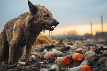 Muurstickers In the rubbish dump there are Striped Hyena biting © wendi