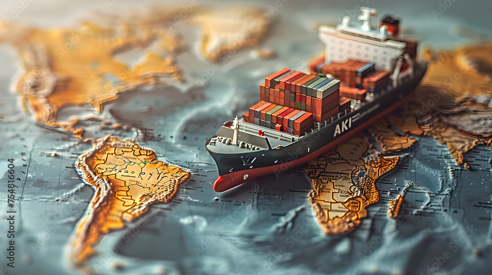 Poster container ship model on world map , transcontinental transportation or globalization concept image w