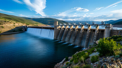 water dam view from above, renewable energy, aerial landscape
