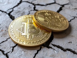 Bitcoin crypto currency gold coin over dry land. Trading on the cryptocurrency exchange. The concept of investing in bitcoin and crypto currency.