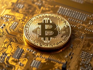 Bitcoin crypto currency gold coin on electronics circuit board background. Trading on the cryptocurrency exchange. The concept of investing in bitcoin and cryptocurrency.