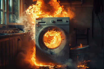 Burning broken washing machine, short circuit - obrazy, fototapety, plakaty