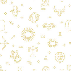 Zodiac Sky Line Seamless Pattern. Vector Illustration of Horoscope Gold Background.