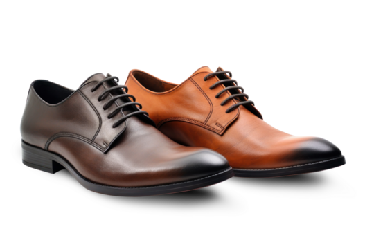 A pair of stylish mens shoes in brown and black colors placed on a plain white background. Isolated