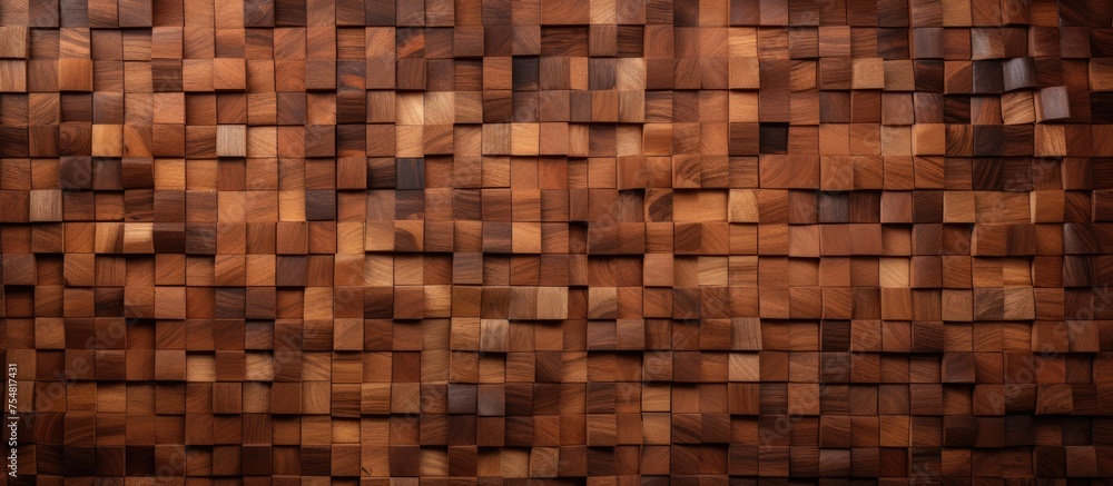 Poster a wall constructed entirely out of wooden blocks, each block meticulously placed to form a solid str