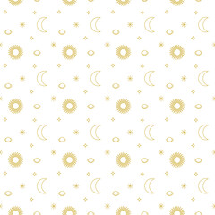 Sun Moon Planet Seamless Pattern. Vector Illustratin of Line Gold Sky Planet Background.