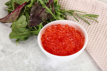 Red caviar in the bowl