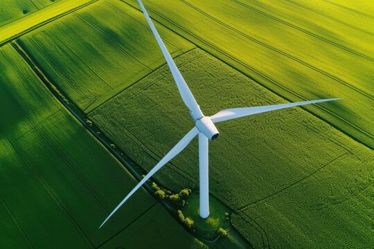 Aerial view of wind turbines on green agricultural fields