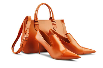 A pair of orange shoes and a matching handbag, showcasing a stylish womens accessory set. Isolated
