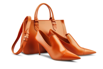 A pair of orange shoes and a matching handbag, showcasing a stylish womens accessory set. Isolated