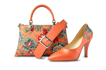 A pair of fashionable womens shoes and a matching handbag displayed on a clean white background. Isolated