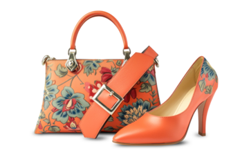 A pair of fashionable womens shoes and a matching handbag displayed on a clean white background. Isolated