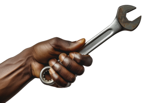 Hand Holding Wrench on White Background