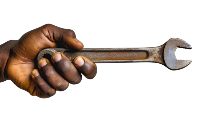 Hand Holding Wrench on White Background