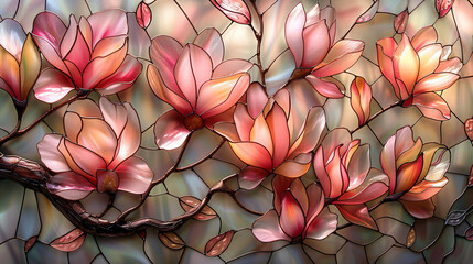 Stained glass Light Pink Magnolia beautiful Gold