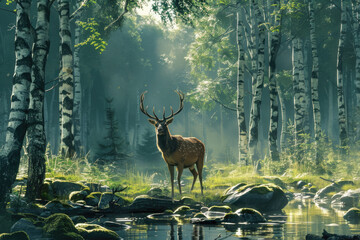 Horned deer in a deciduous forest