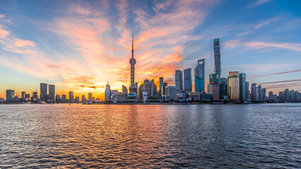 Shanghai skyline and modern city buildings scenery at sunrise. Famous financial district landmark in Shanghai.