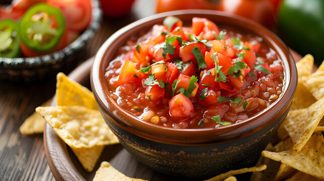 Red tomato spicy salsa with chips served with corn tortilla chips