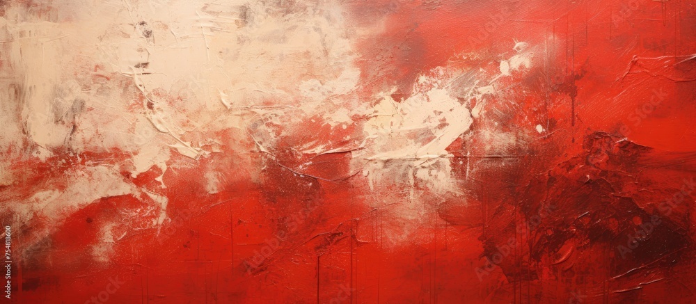 Poster This modern art piece features a dynamic abstract composition with bold red and white paint strokes creating a textured background. The artists use of contrasting colors adds depth and movement to the