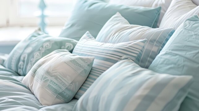 White and light blue striped pillows with pattern
