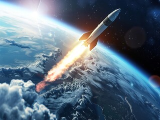 Rocket flying into space, with the earth visible in the background. 