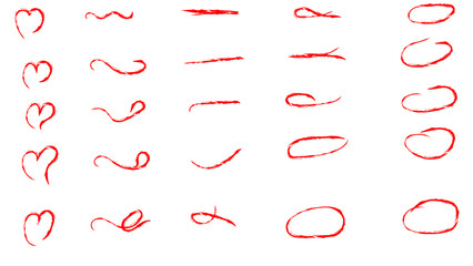 An artistic array of dynamic red brush strokes, lines, doodles, ideal for creative design elements and backgrounds. Collection of Vibrant Red Brush Strokes, Scribbles, chalk. Vector illustration