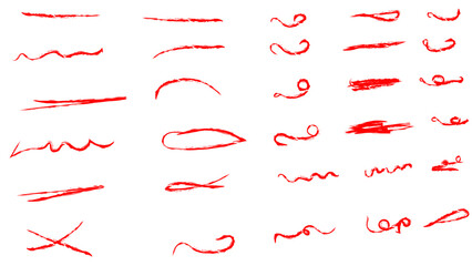 An artistic array of dynamic red brush strokes, lines, doodles, ideal for creative design elements and backgrounds. Collection of Vibrant Red Brush Strokes, Scribbles, chalk. Vector illustration