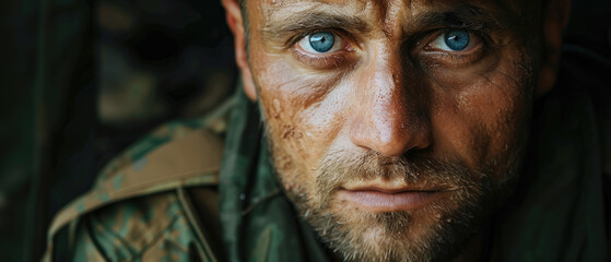 Ukrainian soldier warrior, tired face close up - obrazy, fototapety, plakaty