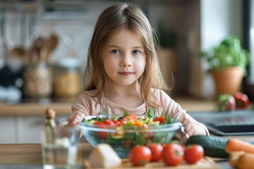 A bright-eyed girl poses with a colorful vegetable salad, portraying healthy eating habits at home