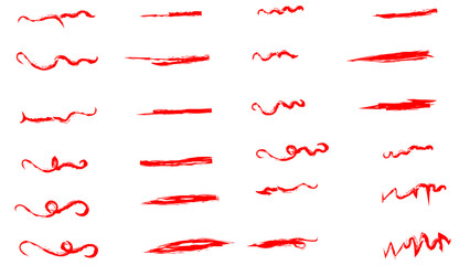 An artistic array of dynamic red brush strokes, lines, doodles, ideal for creative design elements and backgrounds. Collection of Vibrant Red Brush Strokes, Scribbles, chalk. Vector illustration