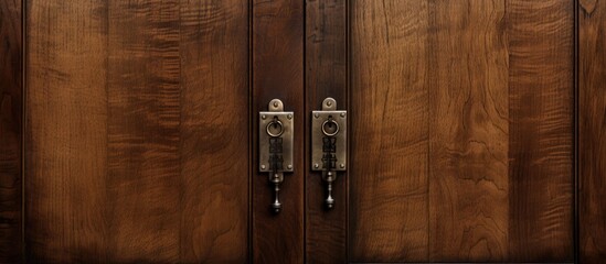 A detailed view of a wooden door with metal handles, showcasing the intricate design and craftsmanship. The metal handles stand out against the warm tones of the wood, adding a touch of elegance to