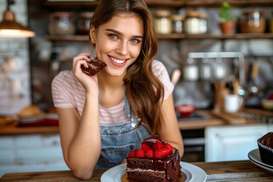 Cheerful young woman tasting a slice of chocolate cake with strawberries in a bright kitchen