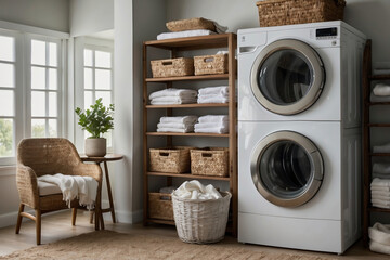 Stilvolle Wäscherei-Einrichtung mit gefalteten Handtüchern und rustikalem Holzregal - obrazy, fototapety, plakaty