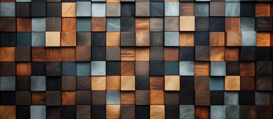 A wooden wall is shown, featuring a repetitive pattern of square shapes. The squares are neatly arranged in rows and columns, giving the wall a structured and organized look.