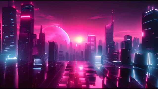 Neon sun sets behind a retrowave style cityscape.