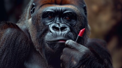 The monkey is holding red lipstick in his hands. Parody of beauty advertising with a gorilla