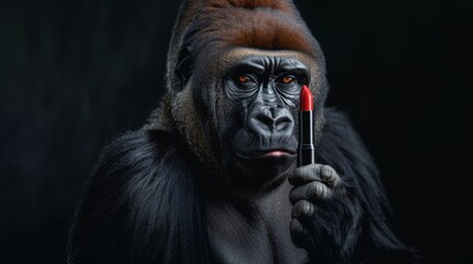 The monkey is holding red lipstick in his hands. Parody of beauty advertising with a gorilla